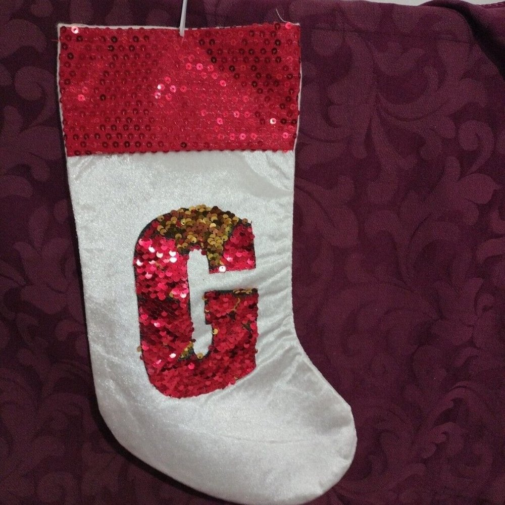 Christmas Stocking Red & White Sequins With Letter G New 16"